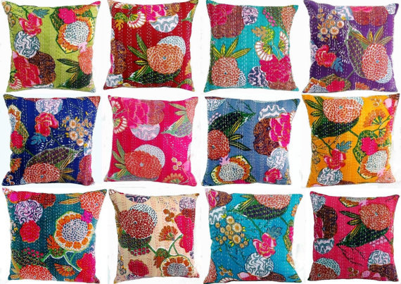 5pc Kantha Cushion Cover,cotton Embroidered Kantha Pillowcase Decorative Throw Pillow, Assorted Colors And Designs
