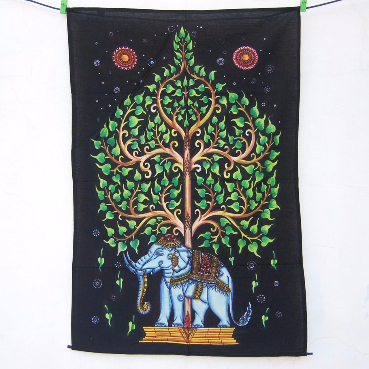 Ship Worldwide Small Green Elephant Tree-of-life-indian-tapestry-elephant-wall-hanging-throw-cotton-bedspread-decor