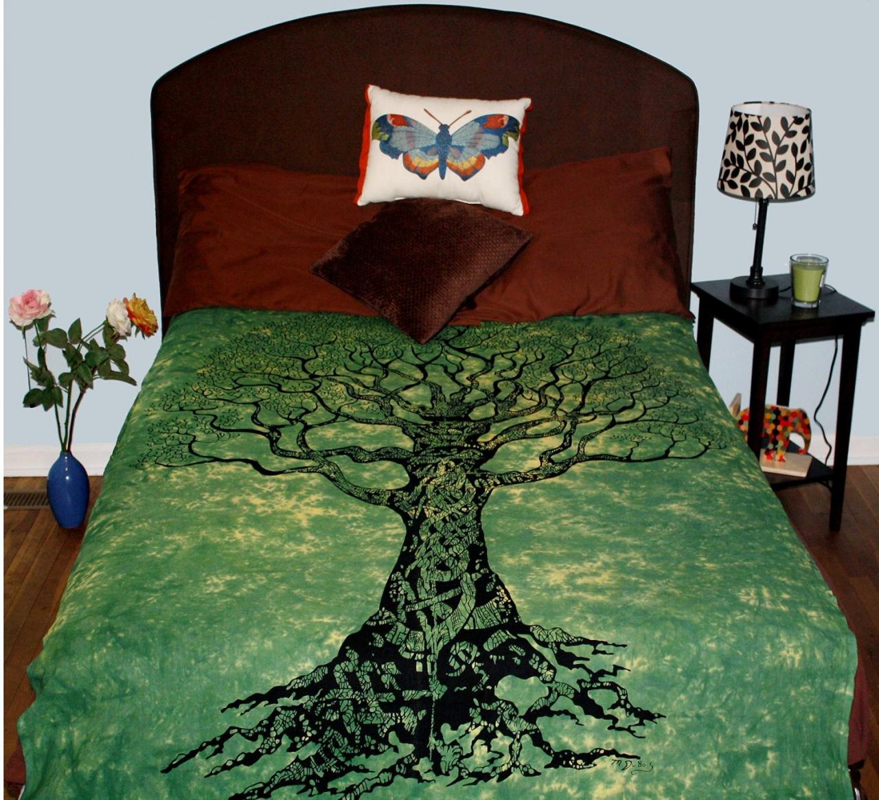 Beautiful Green Tree Of Life Tapestry Royal Elephant Pure Cotton Bedspread